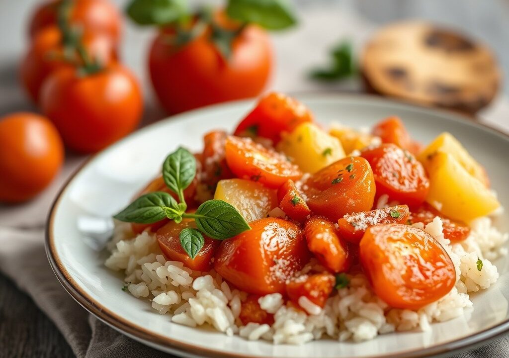 Pomodori al Riso (tomaten met rijst gevuld), AI-gegenereerde illustratie
