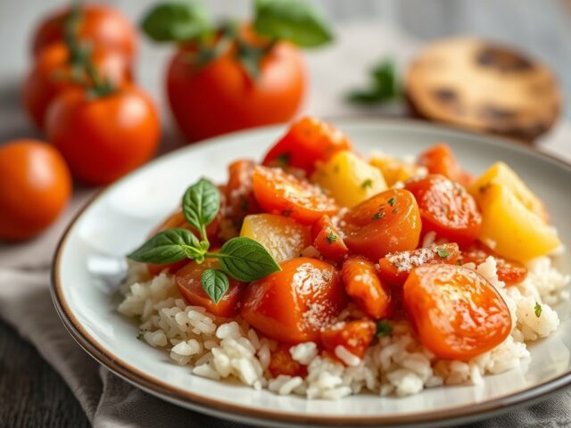 Pomodori al Riso (tomaten met rijst gevuld) — AI-gegenereerde illustratie