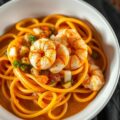 Pompoencréme met papardelle en gamba’s