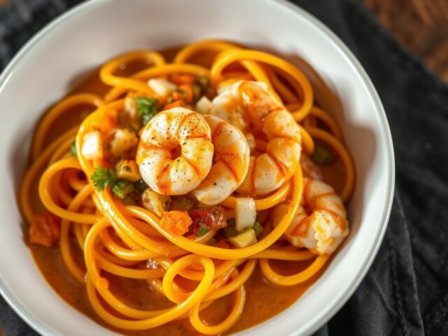 Pompoencréme met papardelle en gamba’s