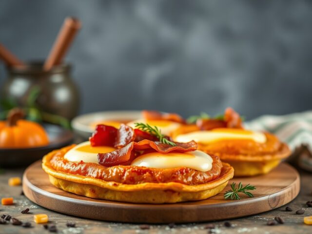 Pompoenpannenkoekjes met spek en ahornsiroop — AI-gegenereerde illustratie