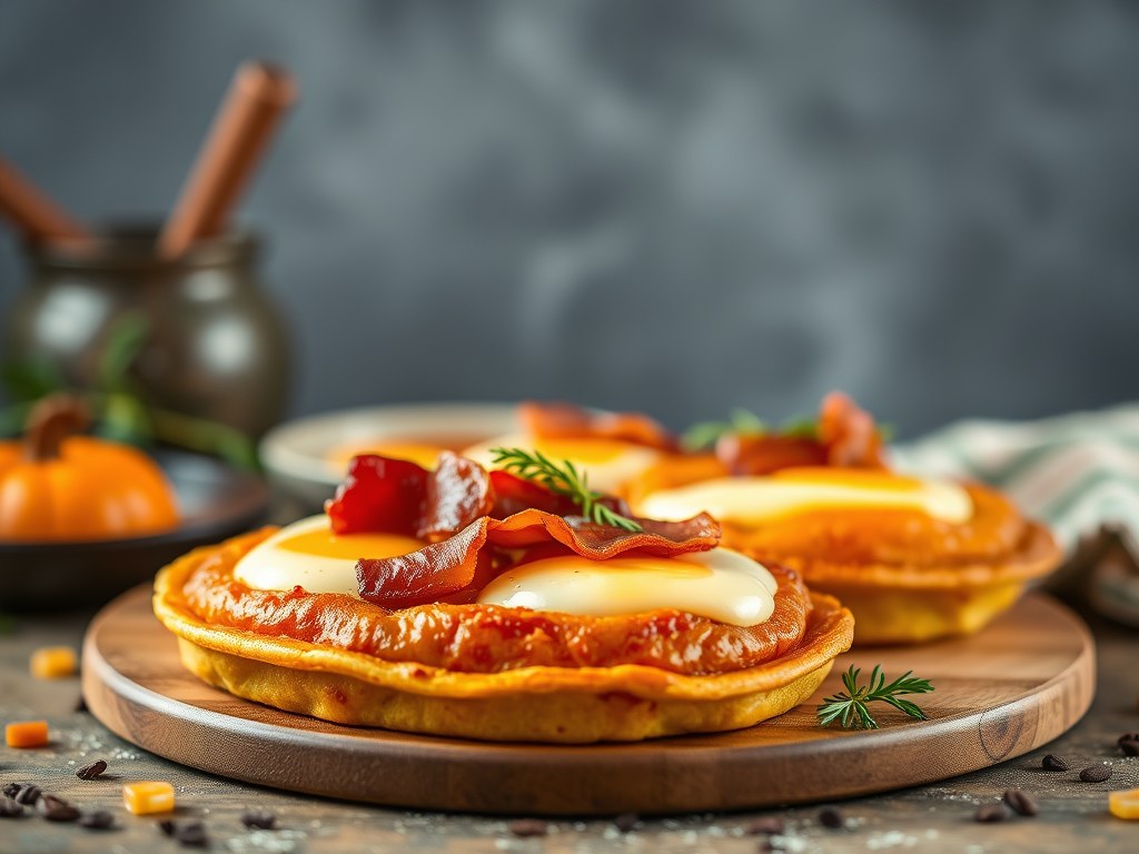 Pompoenpannenkoekjes met spek en ahornsiroop, AI-gegenereerde illustratie