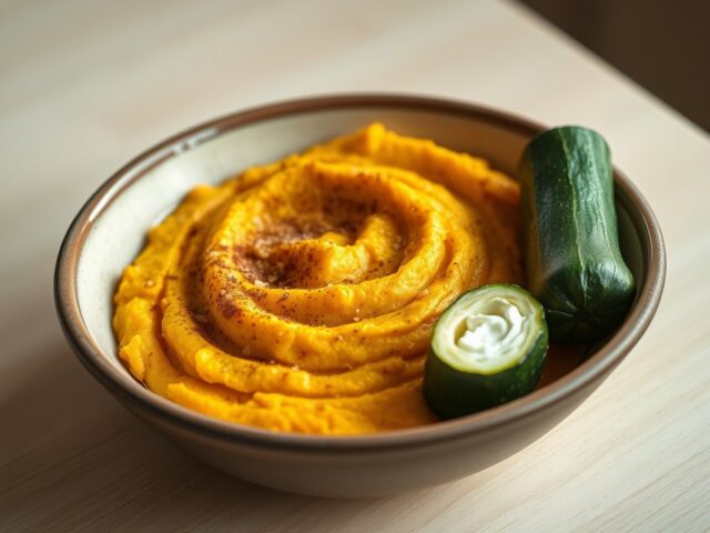 Pompoenquinoastamppotje met courgetterolletjes en