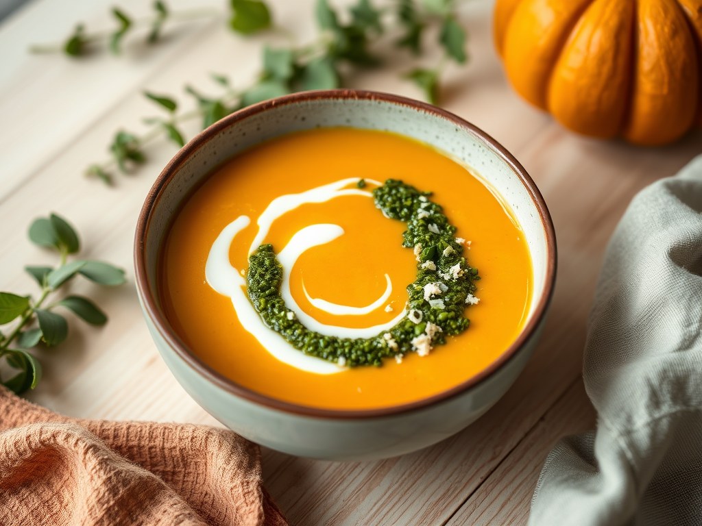 Pompoensoep met winterpesto, AI-gegenereerde illustratie