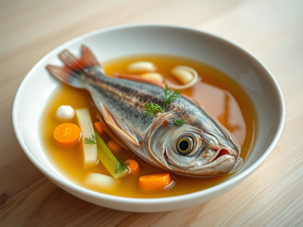 Poon in een groenteconsommé, AI-gegenereerde illustratie
