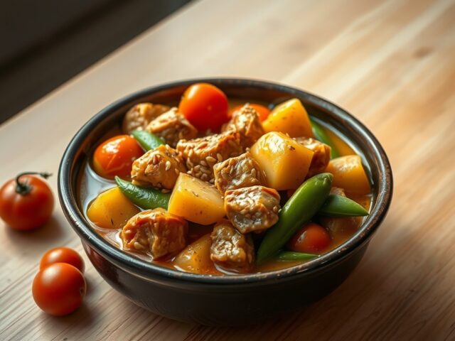 Potje van vleesblokjes, poserende sluimerwtjes en aardappeltjes