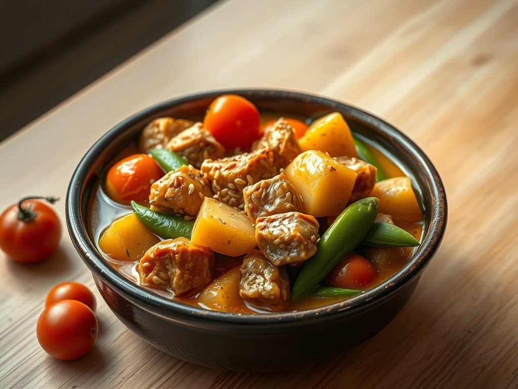 Potje van vleesblokjes, poserende sluimerwtjes en aardappeltjes, AI-gegenereerde illustratie