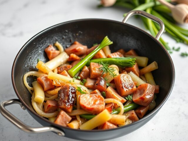 Prei in de wok met een gepocheerd eitje