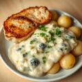 Prei met kaas-roomsaus en karbonades