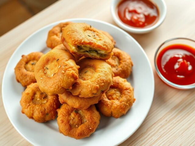 Preibeignets met een pikant tomatensausje
