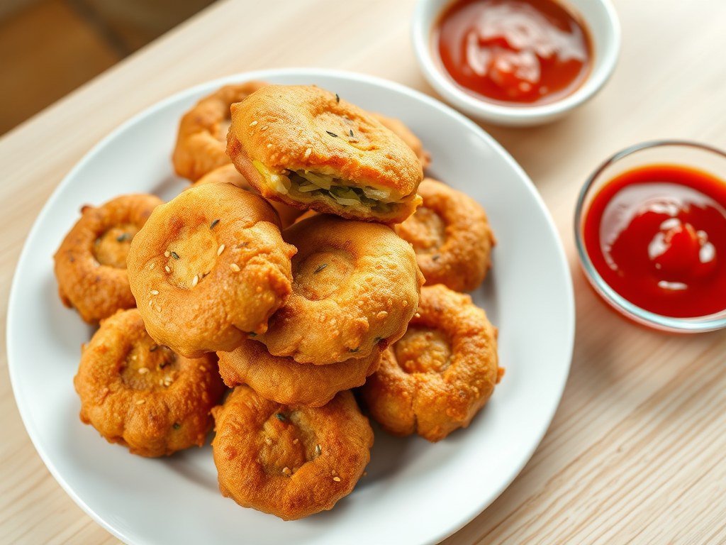 Preibeignets met een pikant tomatensausje, AI-gegenereerde illustratie
