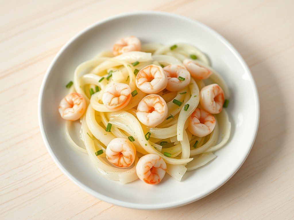 Preislaatje met mosterdvinaigrette en garnalen, AI-gegenereerde illustratie