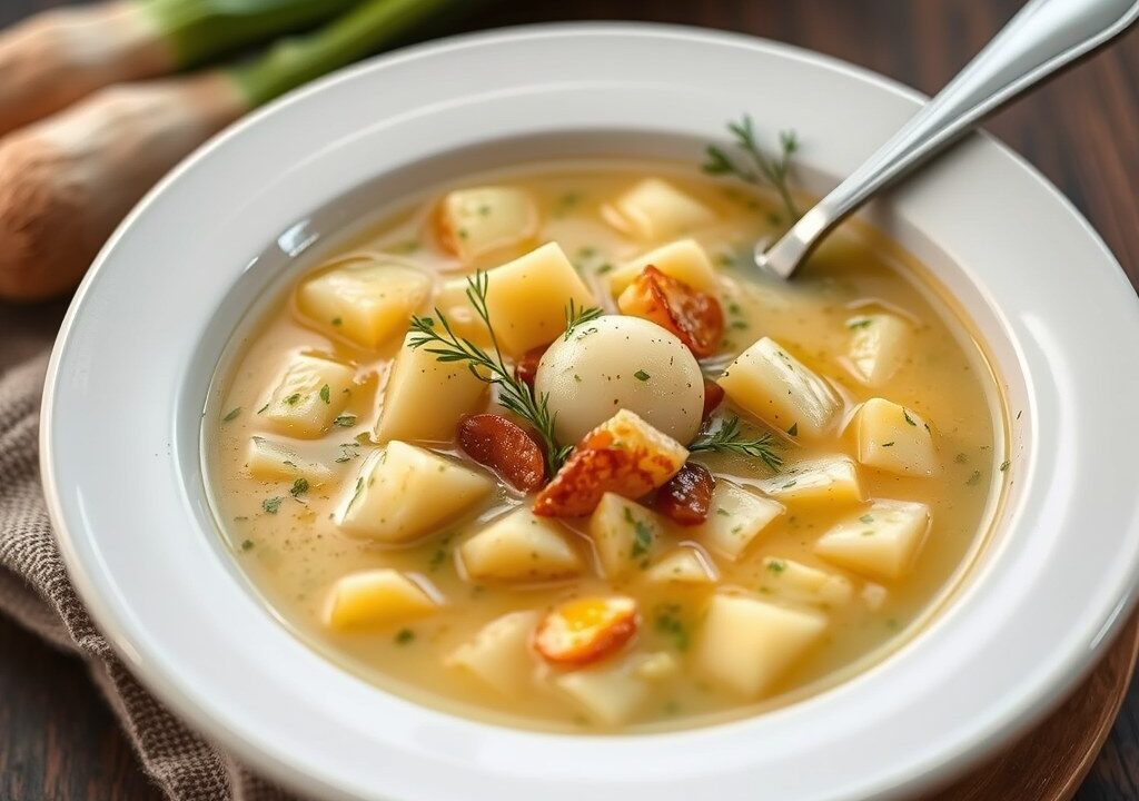 Preisoep met aardappel en kervel — AI-gegenereerde illustratie