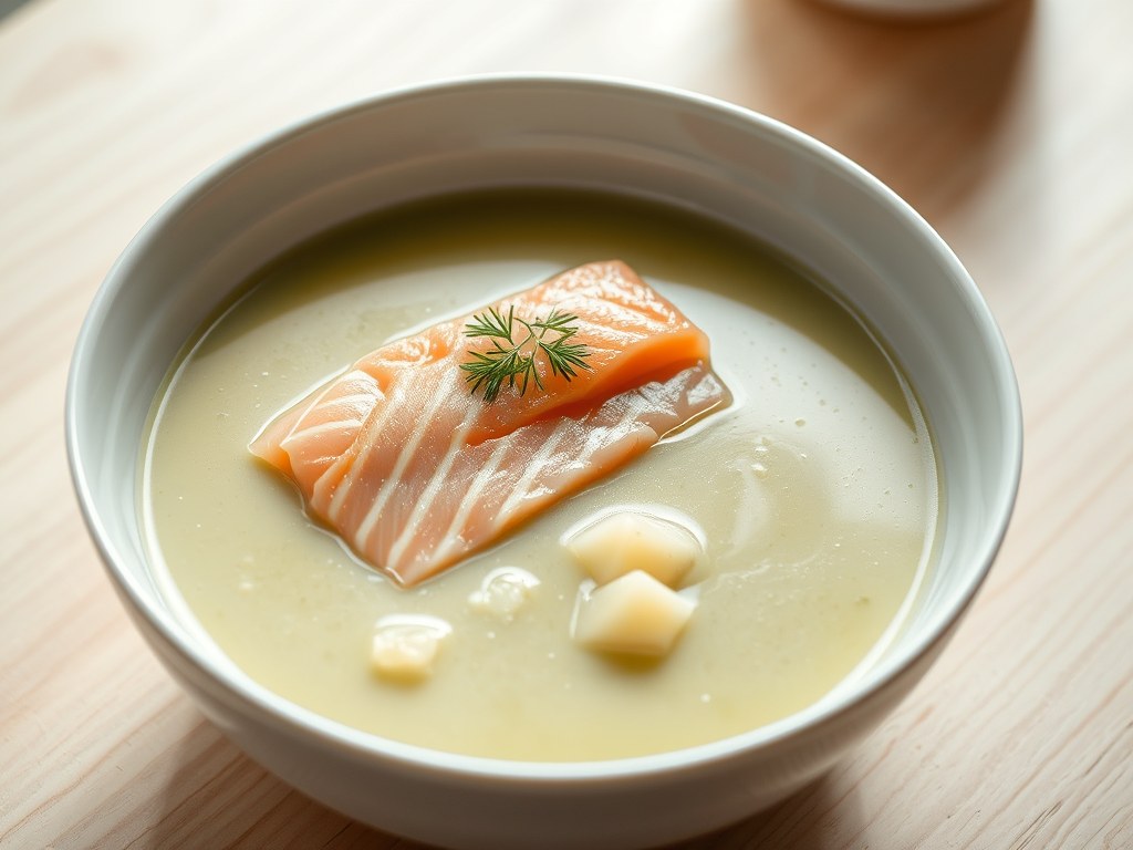 Preisoep met zalm en dille, AI-gegenereerde illustratie