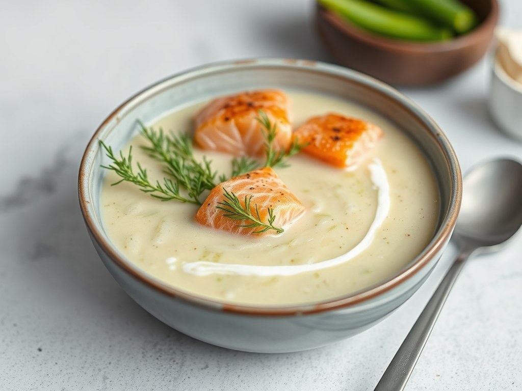 Preisoep met zalm en dille, AI-gegenereerde illustratie