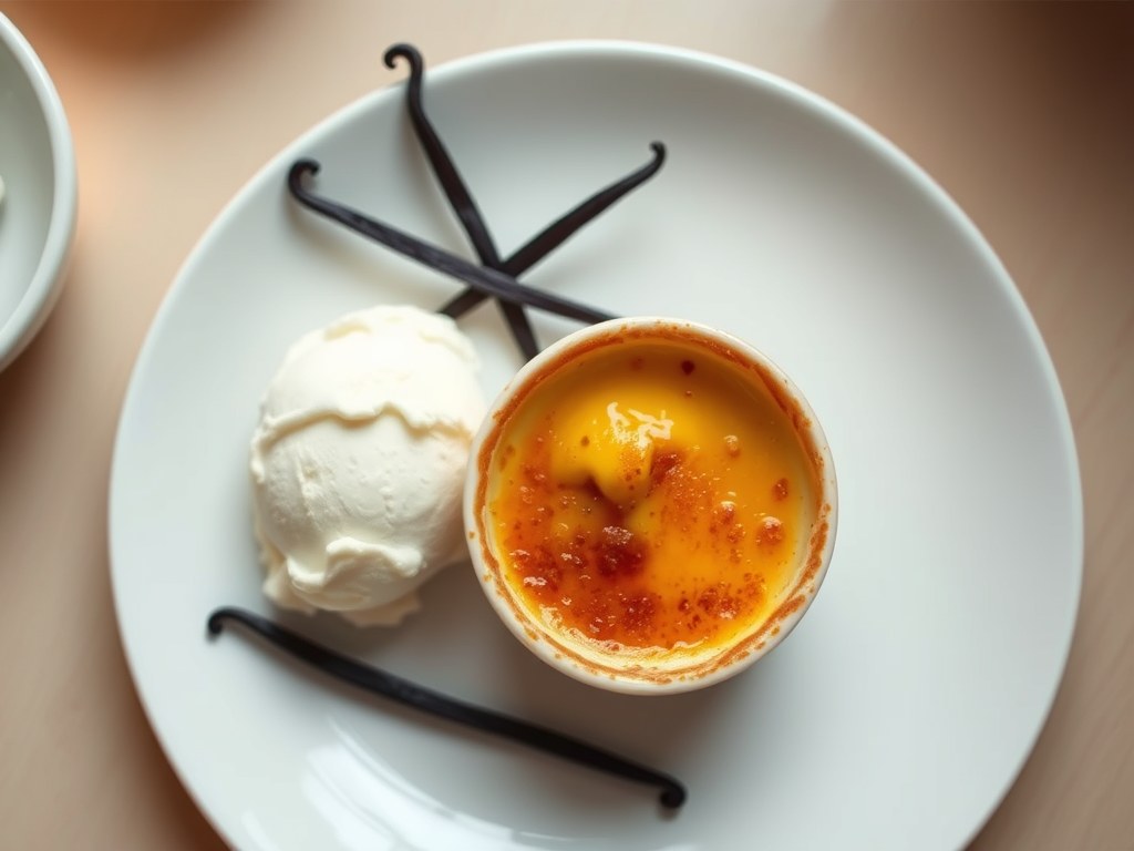 Proeverij van Vanille, crème brûlée en roomijs met, AI-gegenereerde illustratie