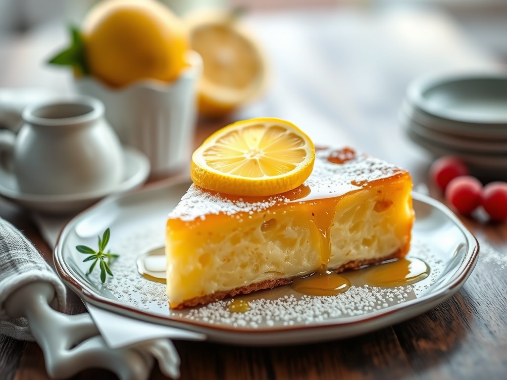 Puddingtaart met citroen, AI-gegenereerde illustratie