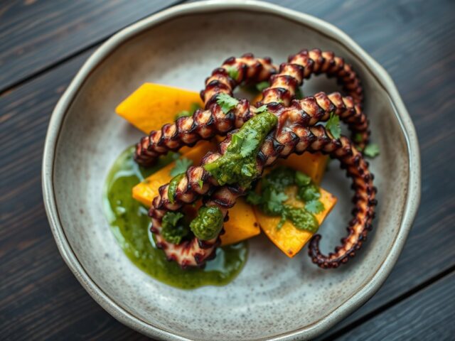 Pulpo met zoete aardappelen zhoug