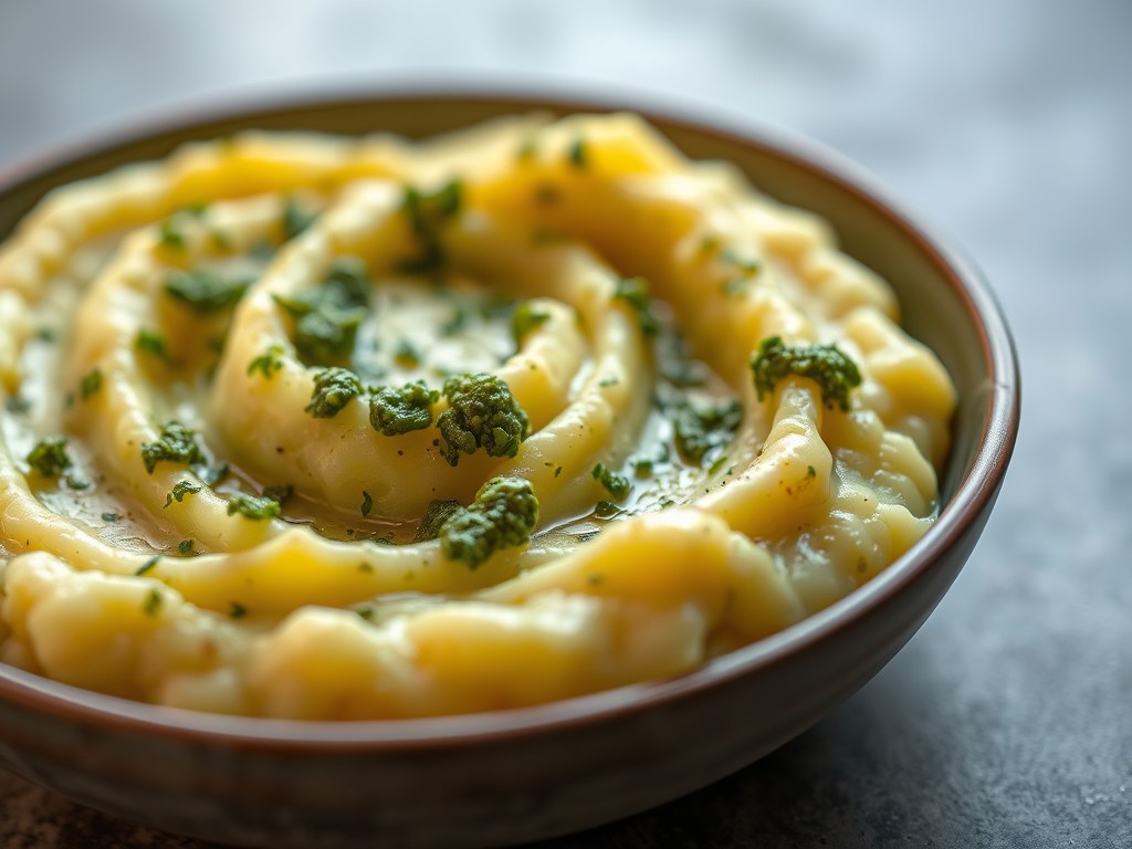 Puree met prei en pesto, AI-gegenereerde illustratie