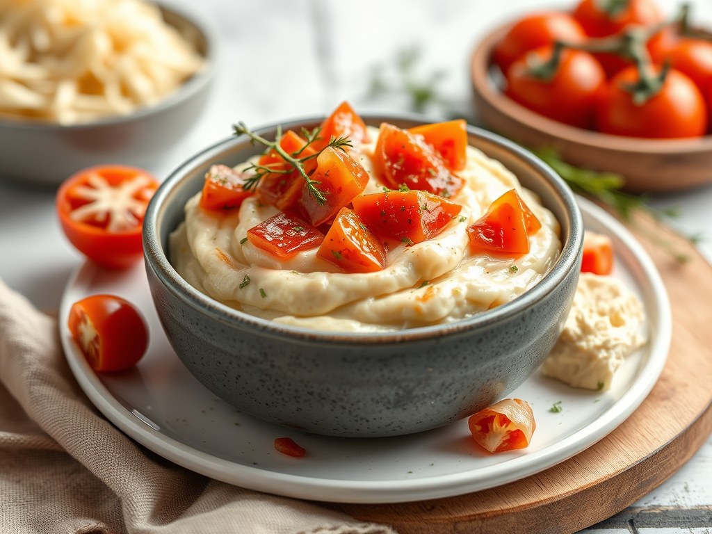 Puree met ui en tomaten, AI-gegenereerde illustratie