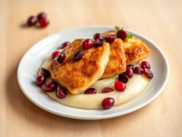 Puree van knolselder en aardappel, gebakken parelhoen en veenbessen