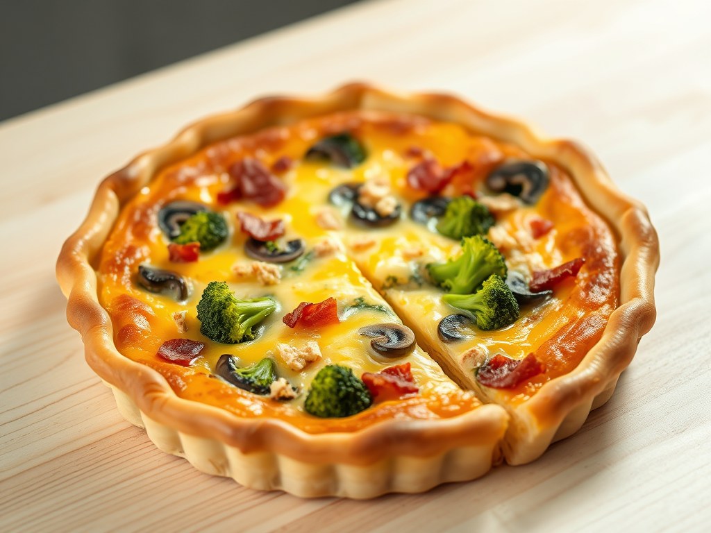 Quiche met broccoli, champignons en spekjes, AI-gegenereerde illustratie