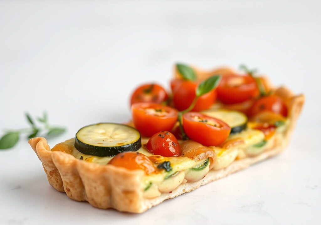 Quiche met courgette, tomaat en cashewnoten, AI-gegenereerde illustratie