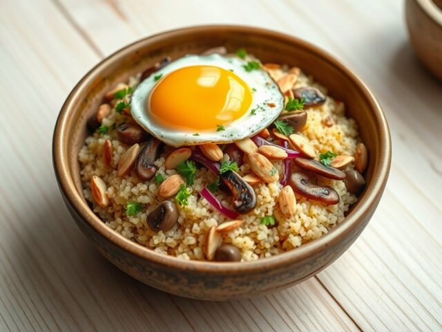 Quinoa met paddenstoelen en een gebakken eitje