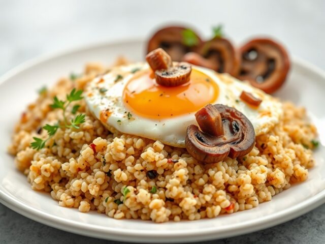 Quinoa met paddenstoelen en een gebakken eitje — AI-gegenereerde illustratie