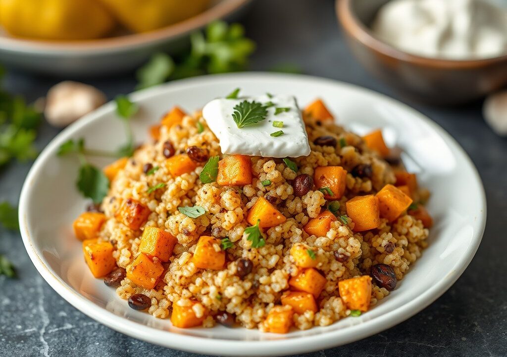 Quinoa met pompoen en geitenkaas, AI-gegenereerde illustratie
