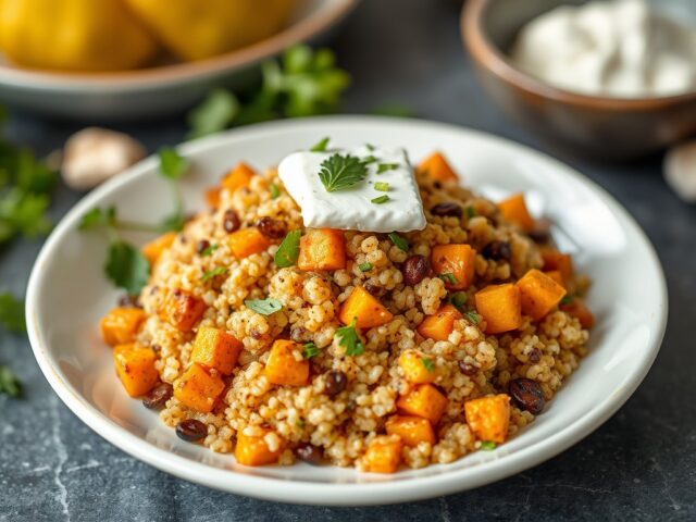 Quinoa met pompoen en geitenkaas — AI-gegenereerde illustratie