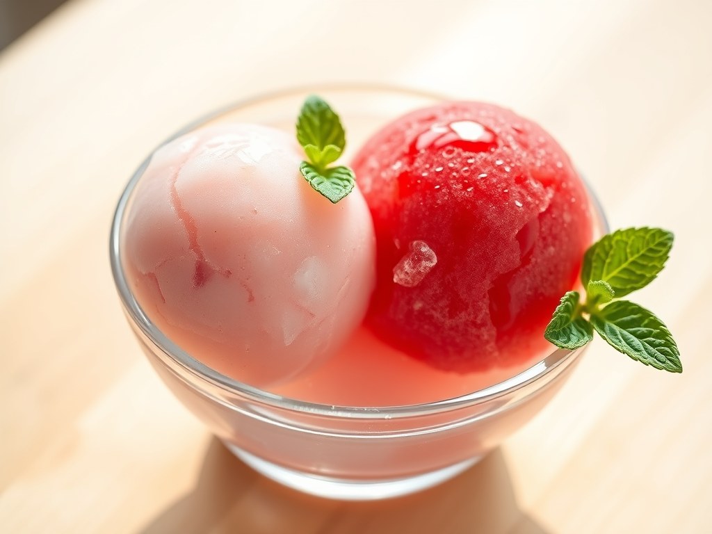 Rabarber-en aardbeiensorbet met ( zie opm), AI-gegenereerde illustratie