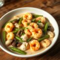 Ragout van hoevekip en Noordzeegarnaal, tuinboontjes en cantharellen