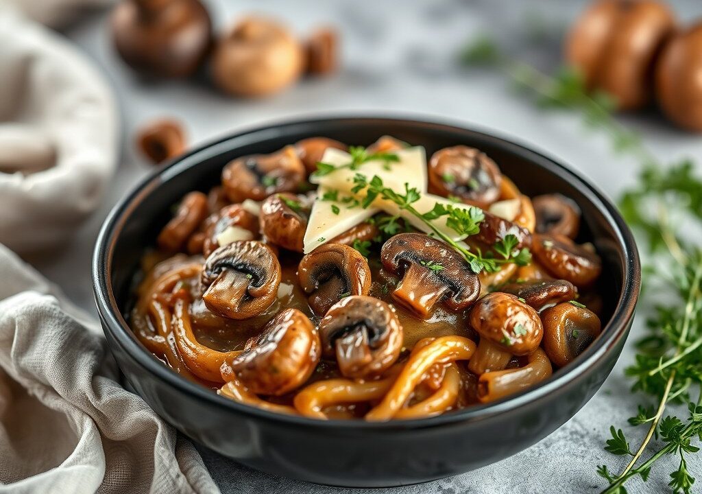 Rauwe andijviestamppot met champignons en kaas, AI-gegenereerde illustratie