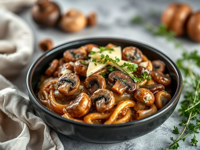Rauwe andijviestamppot met champignons en kaas — AI-gegenereerde illustratie