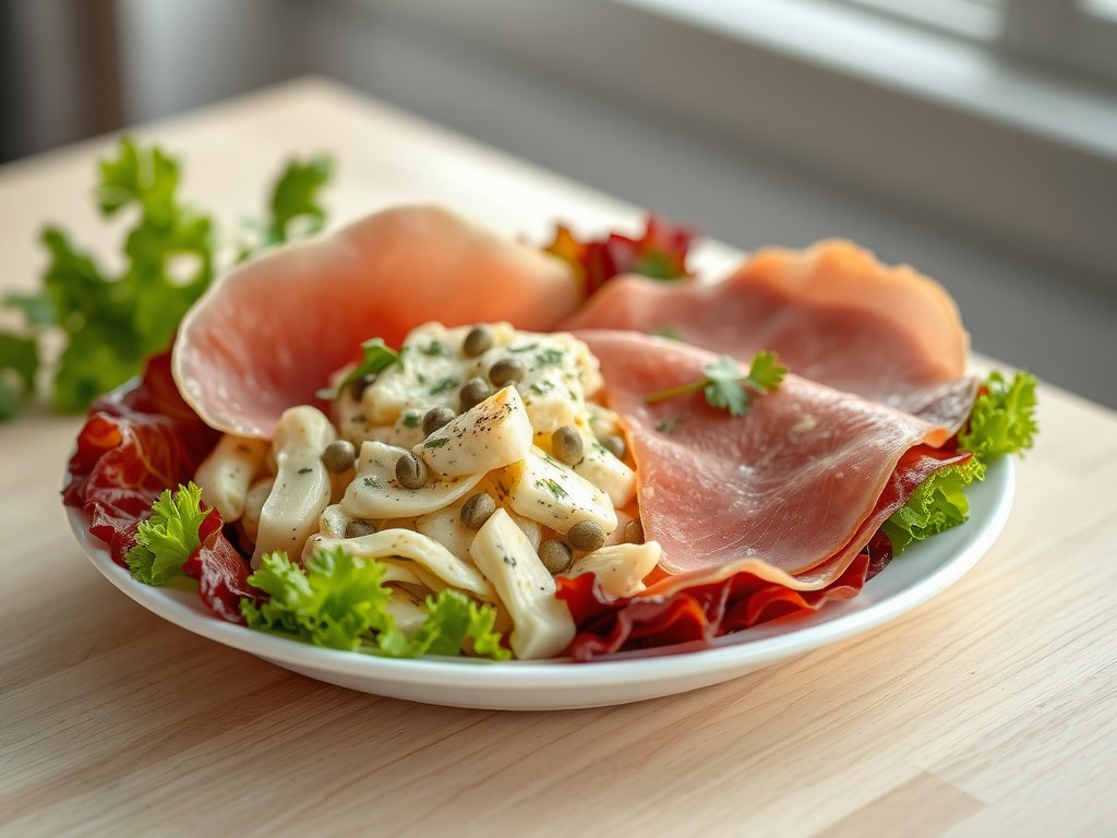 Rauwe ham met salade van knolselderij, AI-gegenereerde illustratie