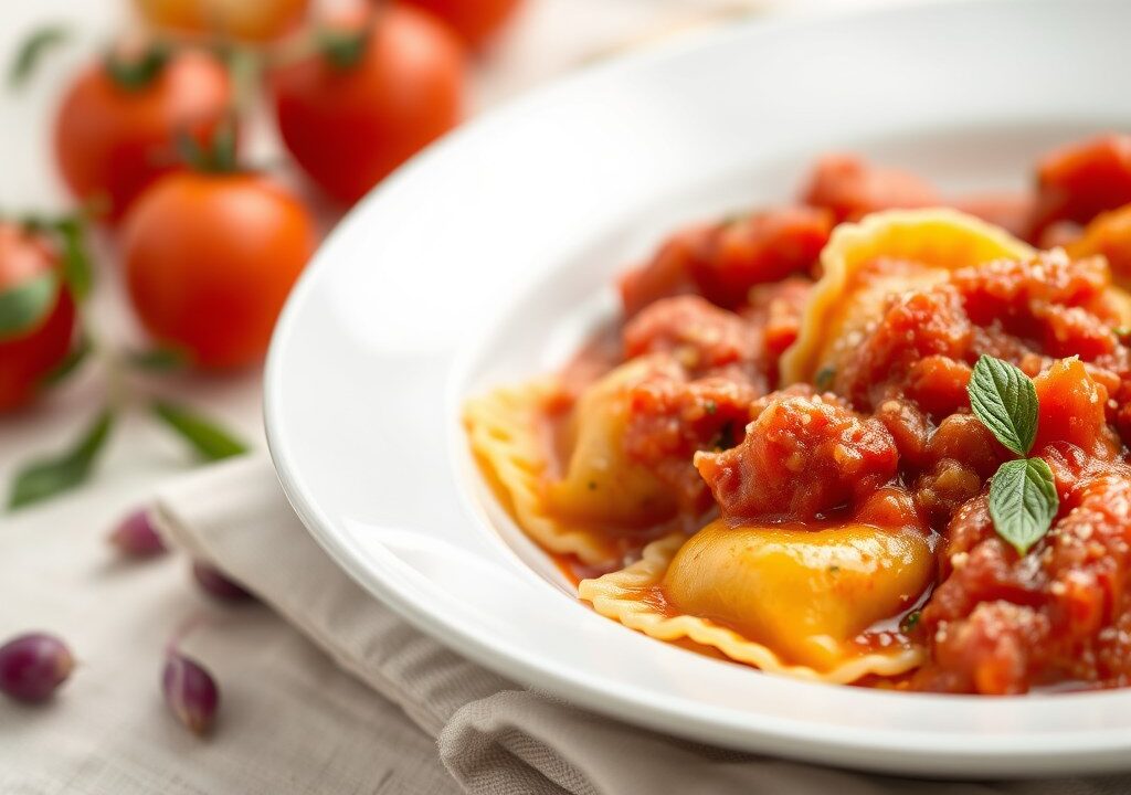 Ravioli in tomatensaus, AI-gegenereerde illustratie