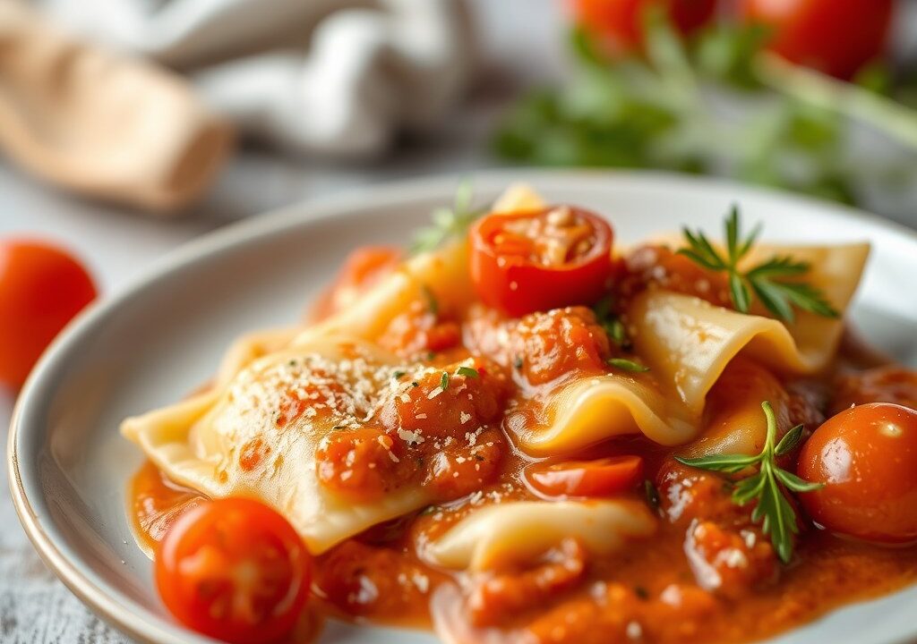 Ravioli met artisjokken-venkel + tomaten-venkelsaus — AI-gegenereerde illustratie