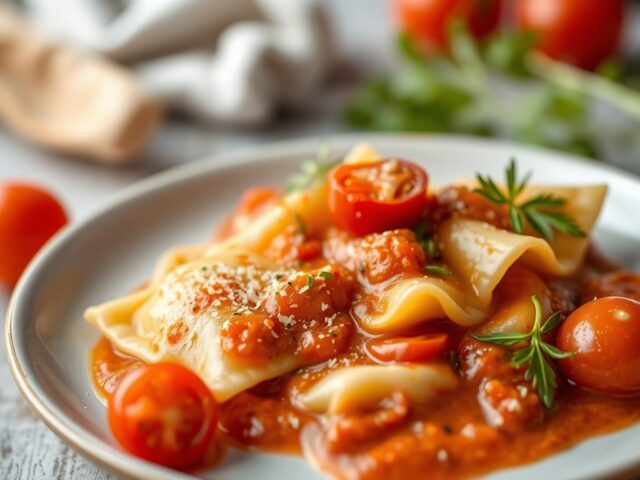 Ravioli met artisjokken-venkel + tomaten-venkelsaus — AI-gegenereerde illustratie
