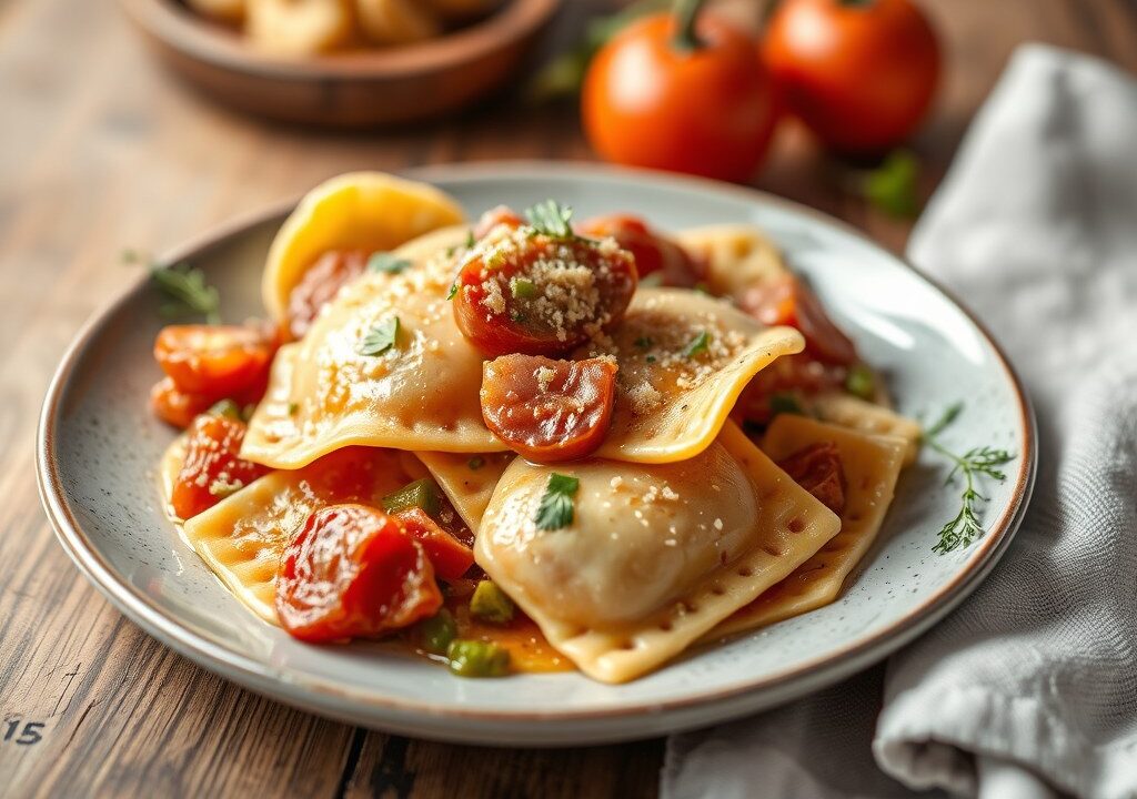 Ravioli met boursin, groenten en ham, AI-gegenereerde illustratie