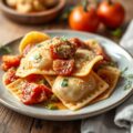 Ravioli met boursin, groenten en ham