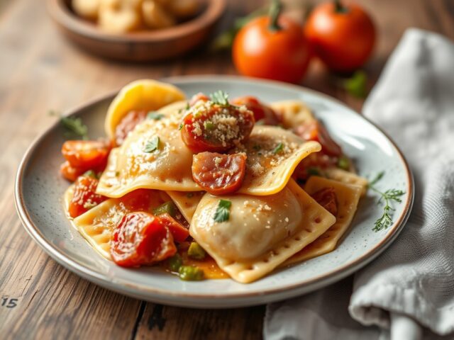 Ravioli met boursin, groenten en ham — AI-gegenereerde illustratie
