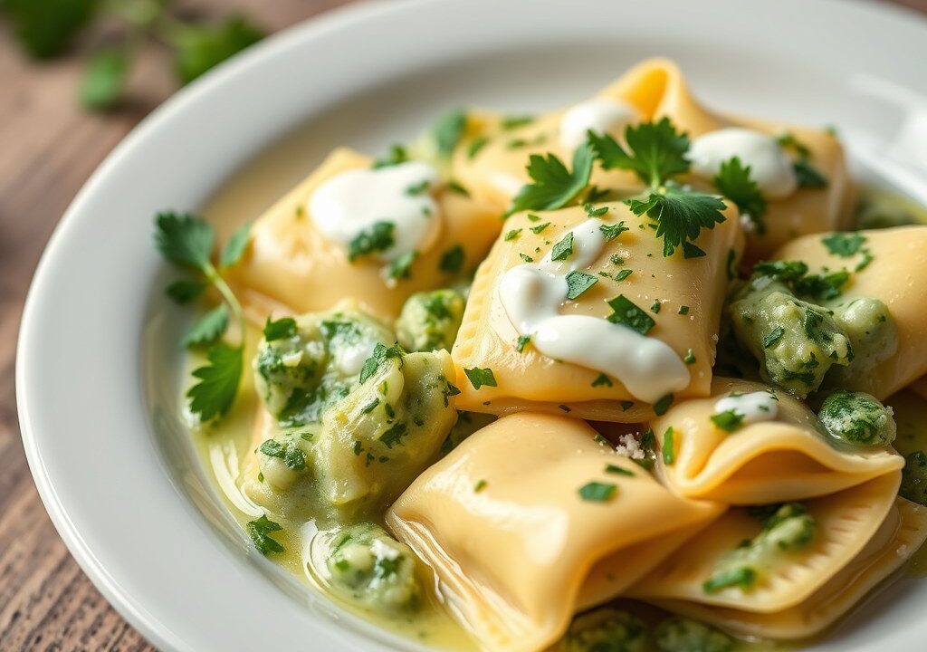 Ravioli met peterseliesaus, AI-gegenereerde illustratie