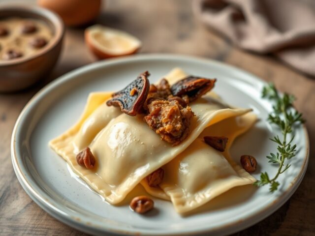 Ravioli met salieboter en porcini — AI-gegenereerde illustratie