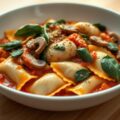 Ravioli met tomatensaus en kip