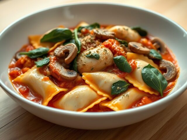 Ravioli met tomatensaus en kip