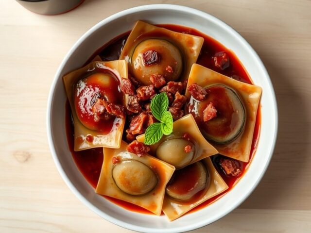 Ravioli van Aubergine met een Bacon – Wijnsaus