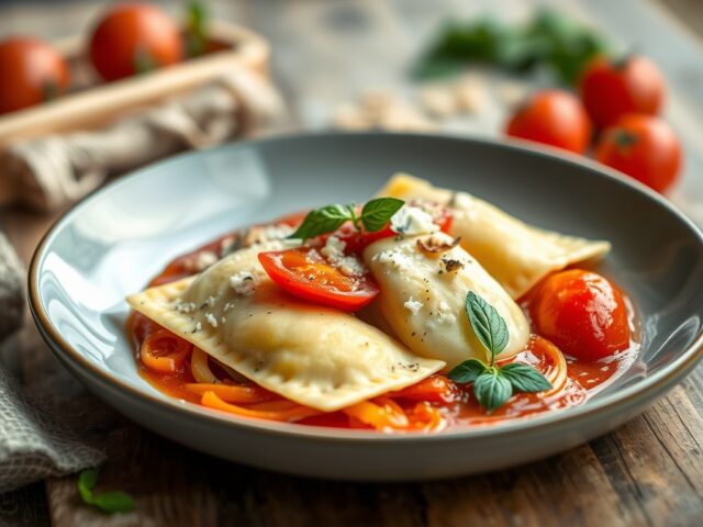 Ravioli van geitenkaas met tomaat en zilveruitjes