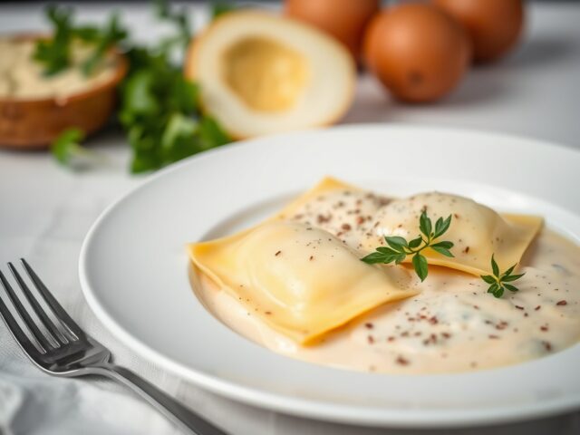 Ravioli van kalfsvlees en roomsaus