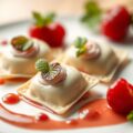 Ravioli van marsepein en kersensorbet